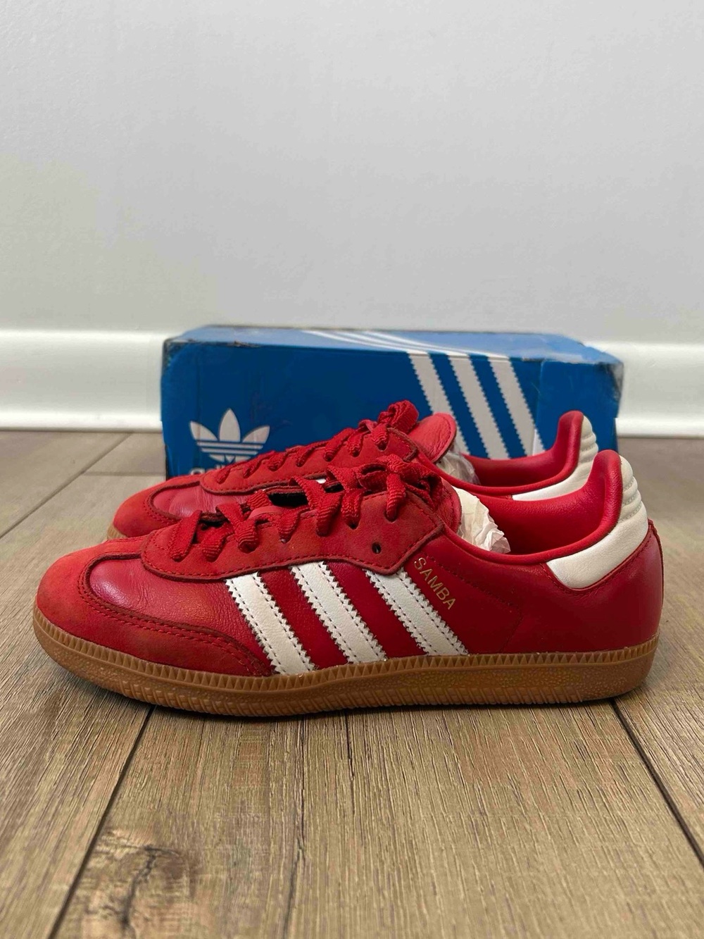 Adidas Red and White Samba Sneakers with Gum Sole for women
